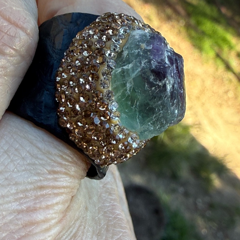 Flourite stone ring raw Green purple leather Gold‎ crystals adjustable band NEW